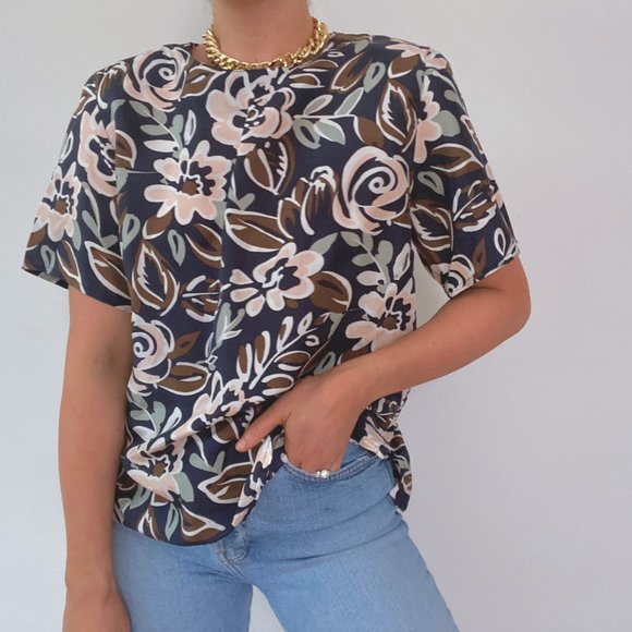 Vintage Silk Floral Short Sleeve Blouse Navy - Picture 5 of 8
